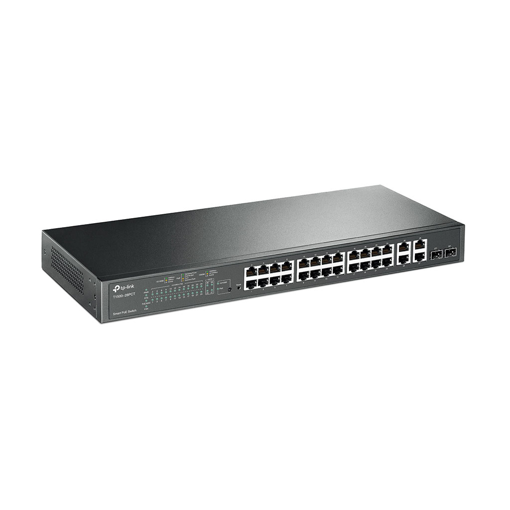 TP-LINK - Conmutador JetStream de 24 puertos 10 / 100Mbps + 4 puertos Gigabit Smart PoE + - T1500-28PCT