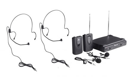 Sistema de 2 micrófonos inalambricos VHF, de solapa y diadema