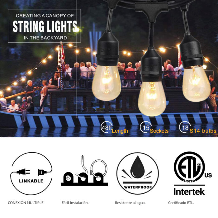 Cadena de luces para exteriores de 48 pies de largo con 15 luces LED