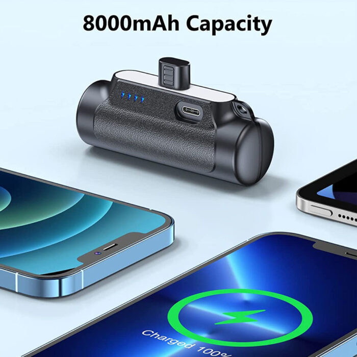 Power Bank 8,000 mAh Ultra Compacto portátil compatible con iPhone y viene con una interfaz tipo C
