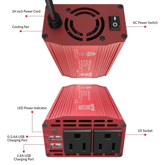 Inversor de corriente 300W CC 12V a 110V CA con adaptador de auto con puerto USB doble 4.2A