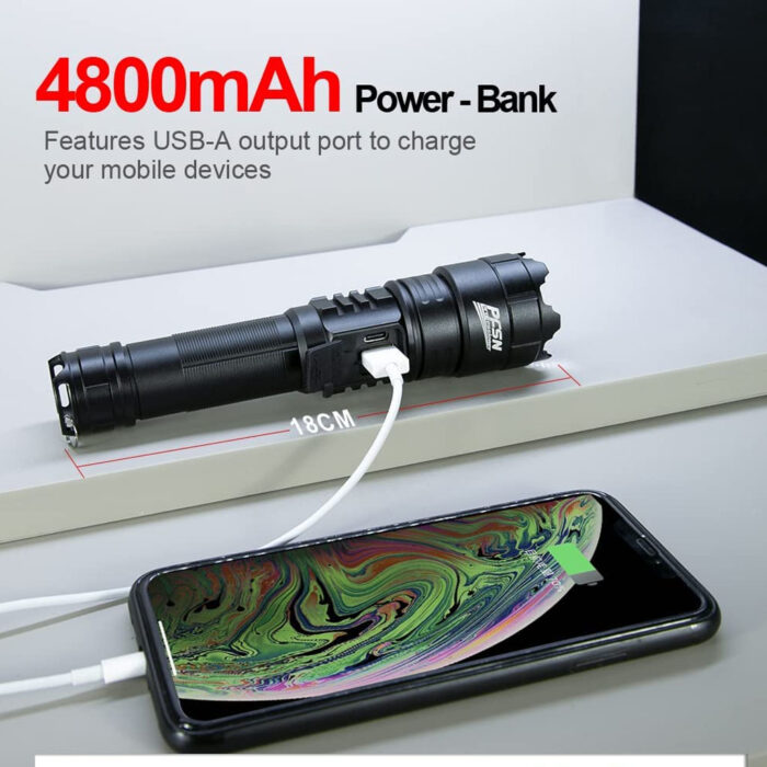 Linterna recargable USB de alta luminosidad, 5 modos, funciona como batería de 4800 mAh, impermeable, luz LED súper brillante
