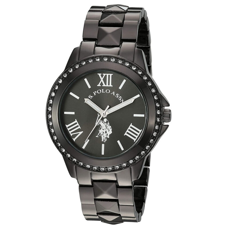 U.S. Polo Assn. Reloj para mujer con bisel tachonado de cristal, correa de aleación con cierre de joyería