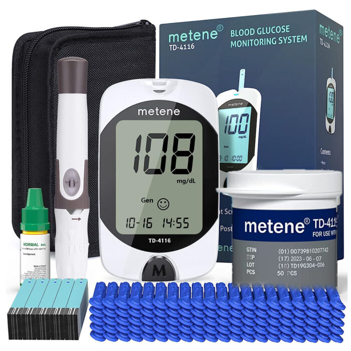 Metene TD-4116 – Kit de monitor de glucosa en sangre, 50 tiras de glucómetro, 50 lancetas, 1 monitor de azúcar en sangre