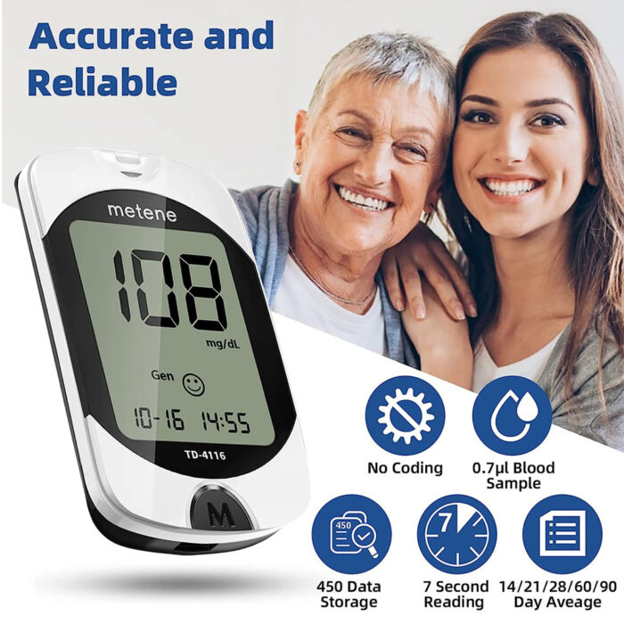 Metene TD-4116 – Kit de monitor de glucosa en sangre, 50 tiras de glucómetro, 50 lancetas, 1 monitor de azúcar en sangre