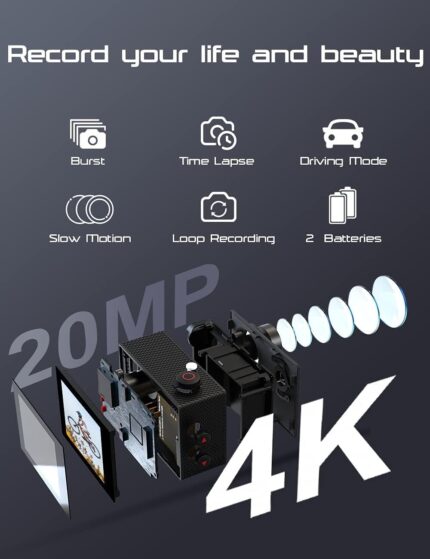 Cámara de acción 4K con WiFi, 20 MP y accesorios de montaje