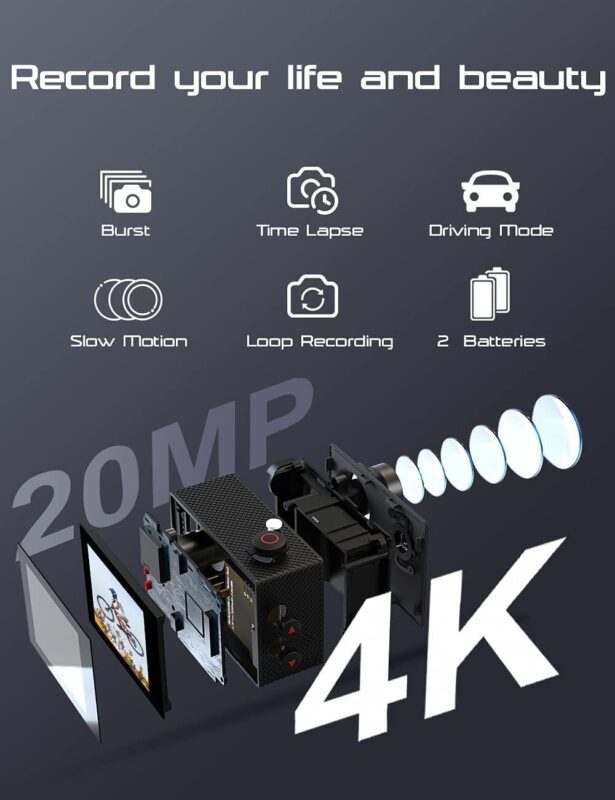 Cámara de acción 4K con WiFi, 20 MP y accesorios de montaje