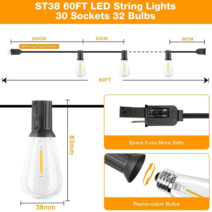 Cadena de Luces LED para exteriores, 30 bombillas, 60 pies de largo e impermeables