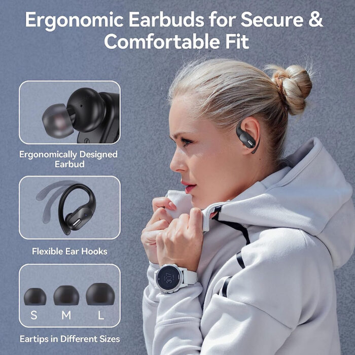 Auriculares Bluetooth impermables con estuche de carga inalámbrica, micrófono integrado y ganchos para las orejas