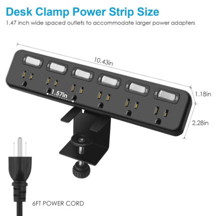 Regleta de enchufes para montaje en escritorio con interruptores individuales, protector contra sobretensiones, con 6 tomas y cable de extensión de 6 pies