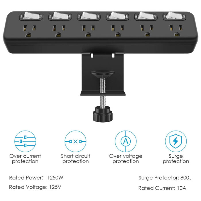 Regleta de enchufes para montaje en escritorio con interruptores individuales, protector contra sobretensiones, con 6 tomas y cable de extensión de 6 pies